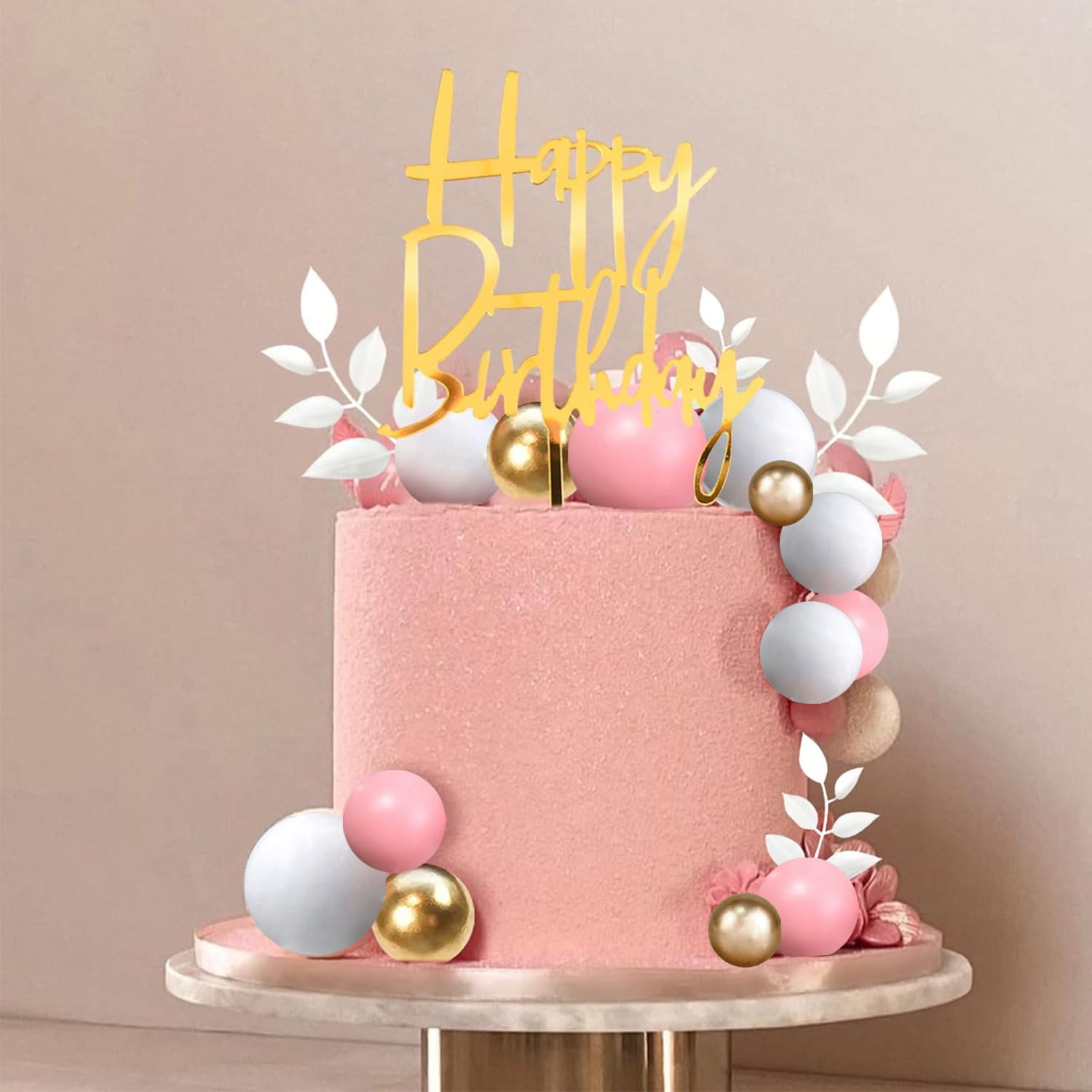 DRWATE Pink Balls Cake Topper – Boho Grass Topper with Pink White Gold Balls for Weddings & Birthdays
