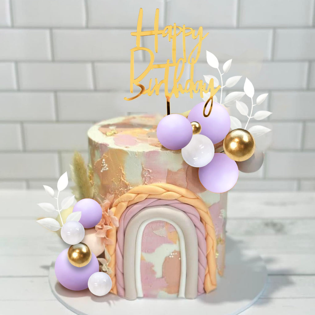 DRWATE Purple Balls Boho Grass Cake Topper – Purple, White & Gold Decor