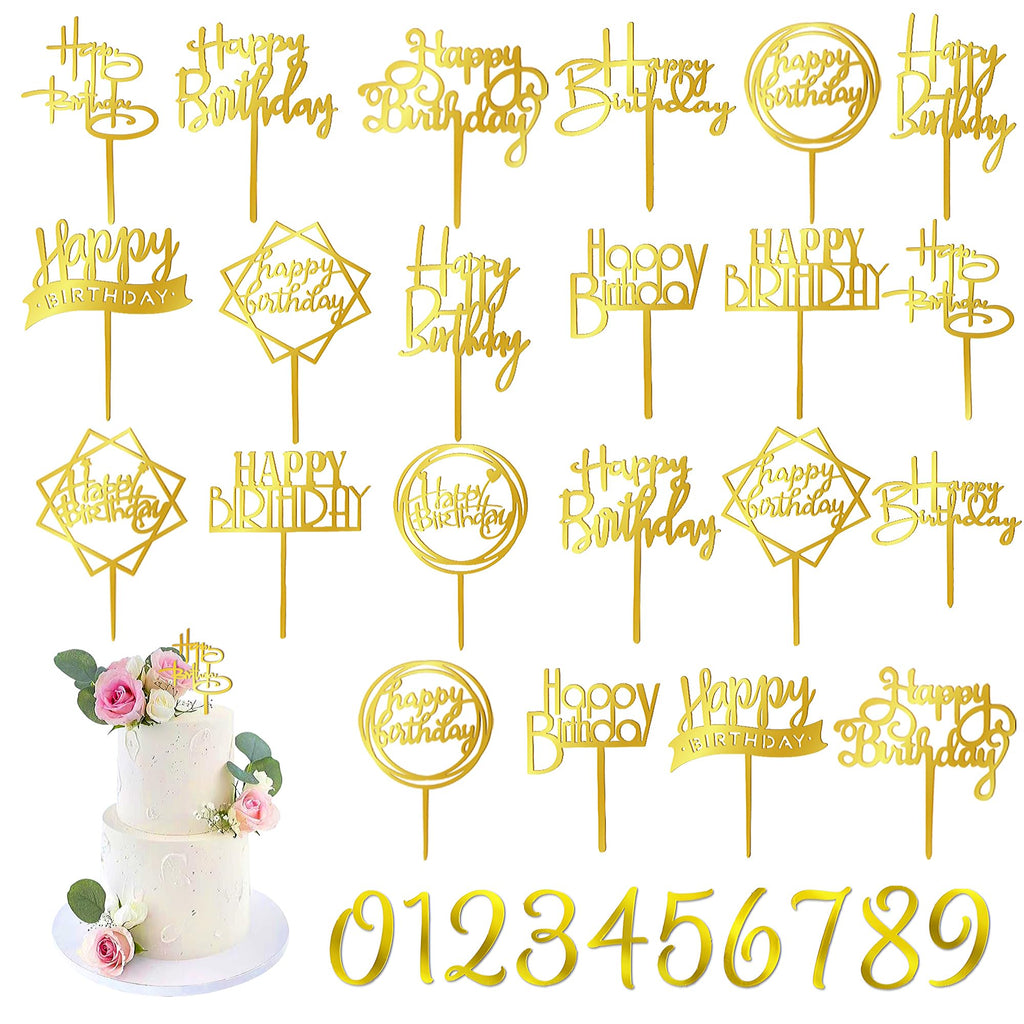 DRWATE 40-Piece Gold Happy Birthday Cake Topper – Acrylic Cake Decorations