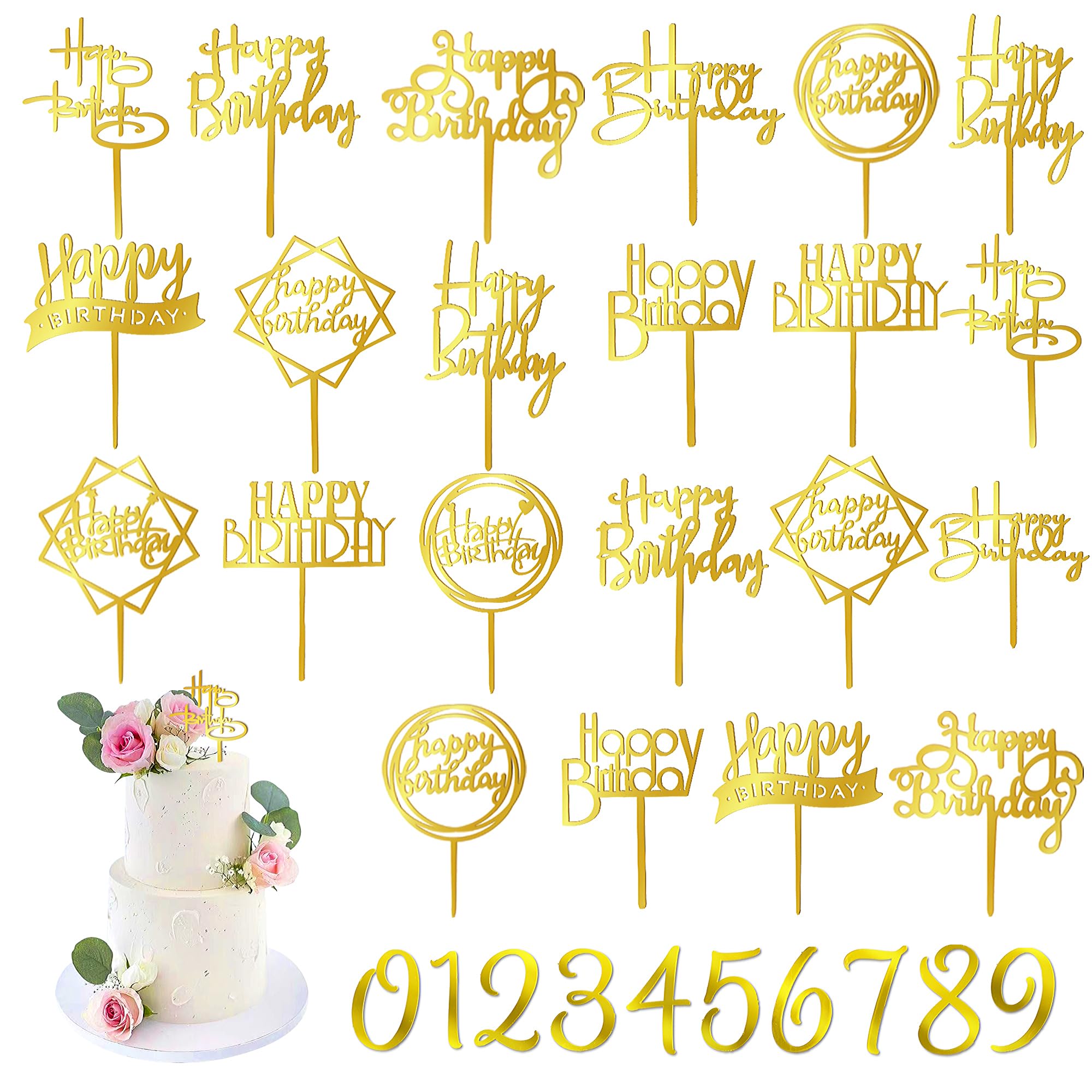 DRWATE 40-Piece Gold Happy Birthday Cake Topper – Acrylic Cake Decorations