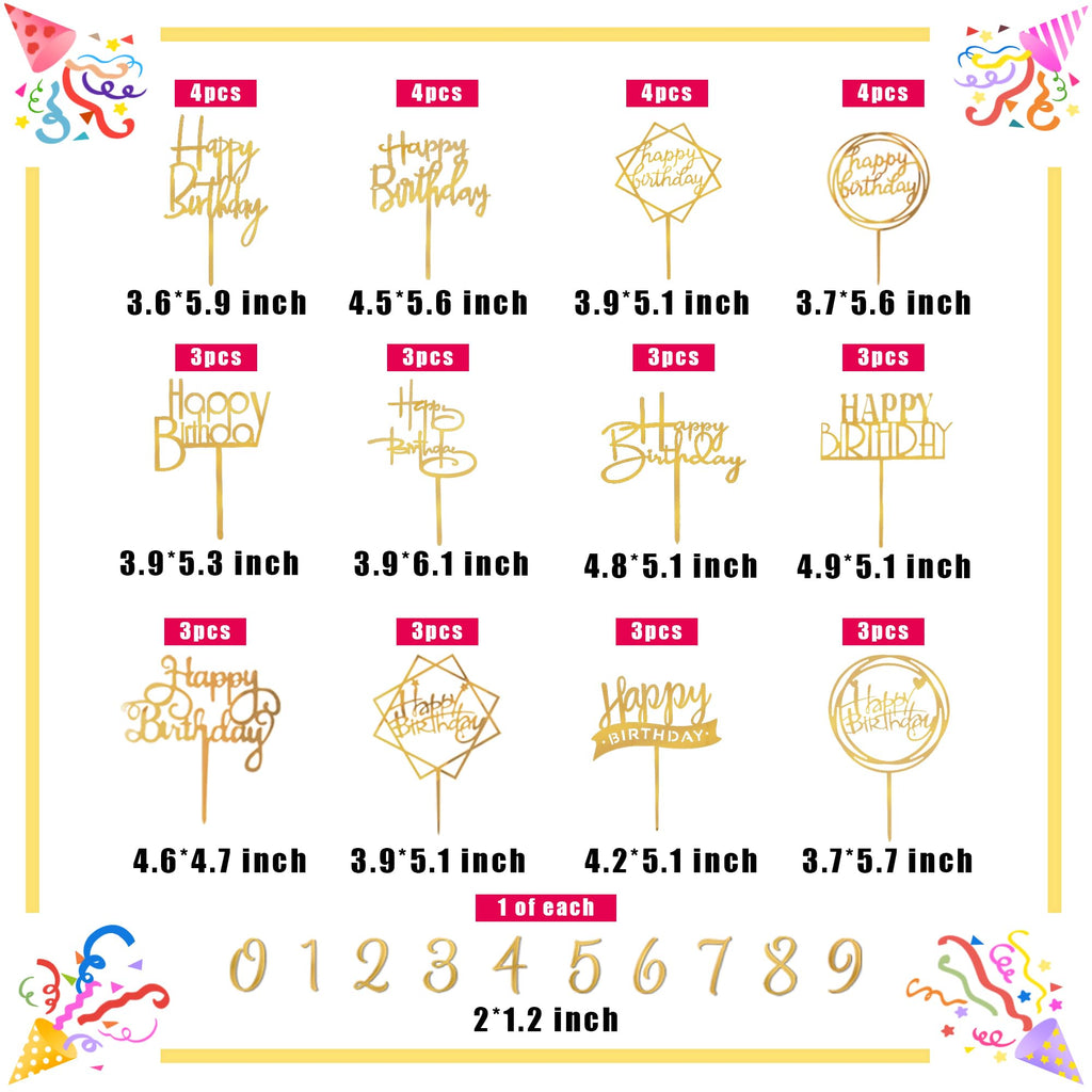 DRWATE 40-Piece Gold Happy Birthday Cake Topper – Acrylic Cake Decorations