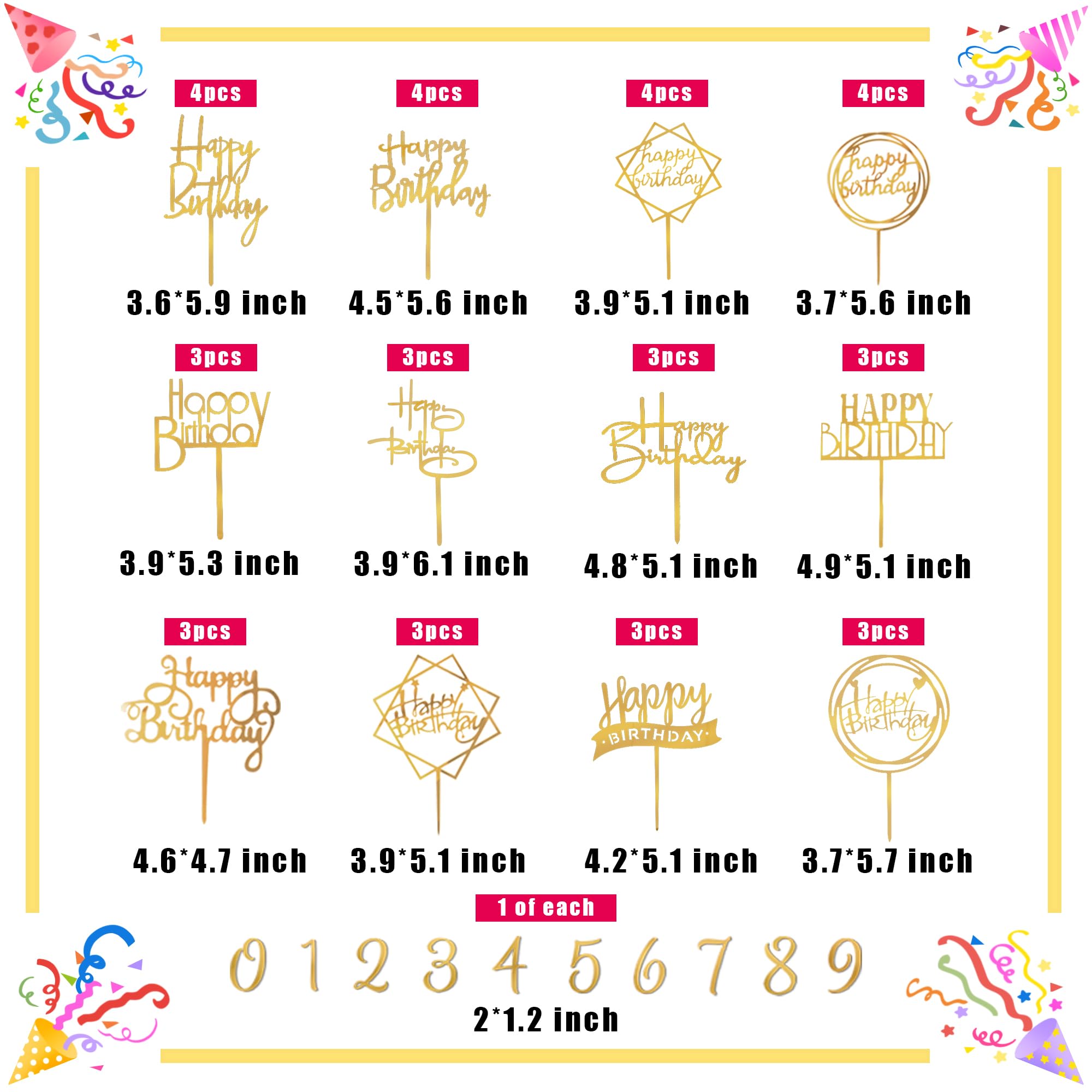 DRWATE 40-Piece Gold Happy Birthday Cake Topper – Acrylic Cake Decorations