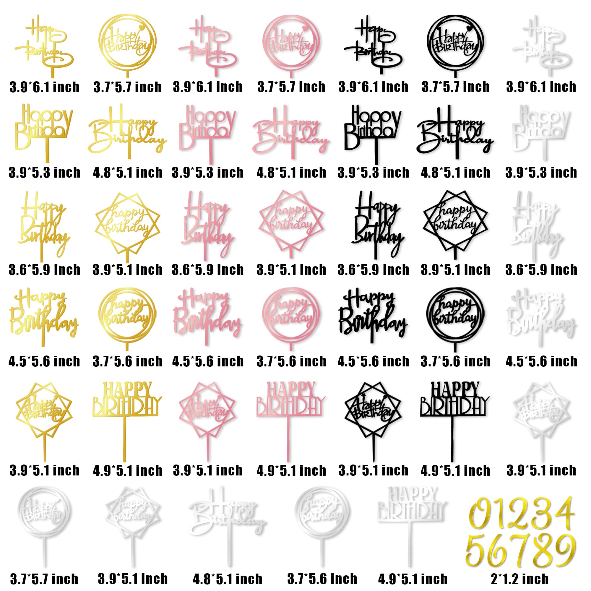 DRWATE 50 Pcs Acrylic Happy Birthday Cake Topper Set – Gold Black Pink Silver (4 Colors)