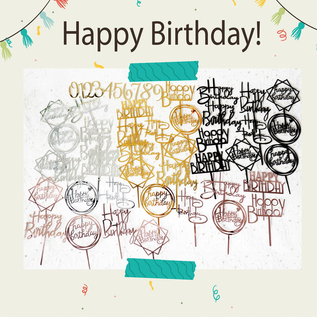 DRWATE 50 Pcs Acrylic Happy Birthday Cake Topper Set – Gold Black Pink Silver (4 Colors)
