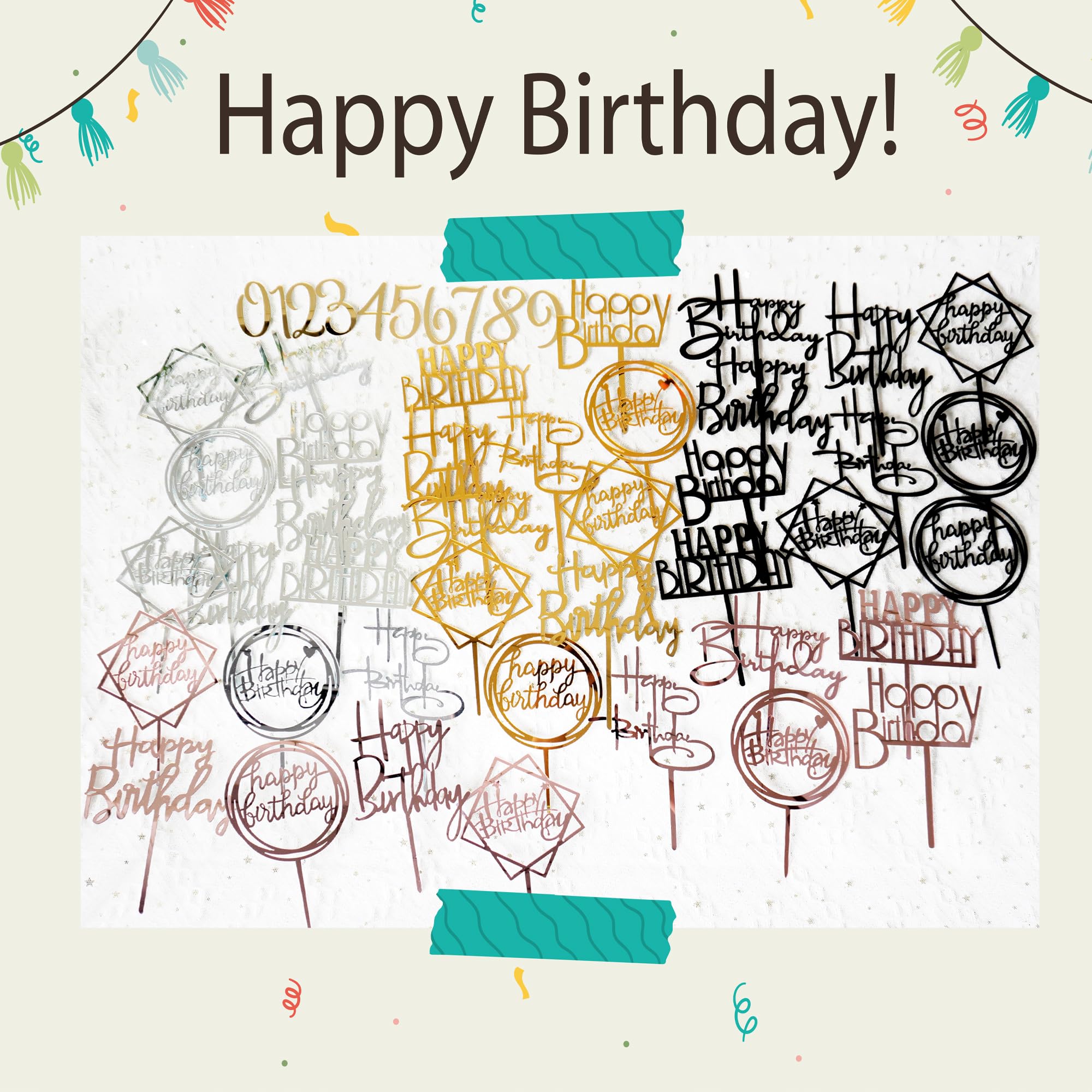 DRWATE 50 Pcs Acrylic Happy Birthday Cake Topper Set – Gold Black Pink Silver (4 Colors)
