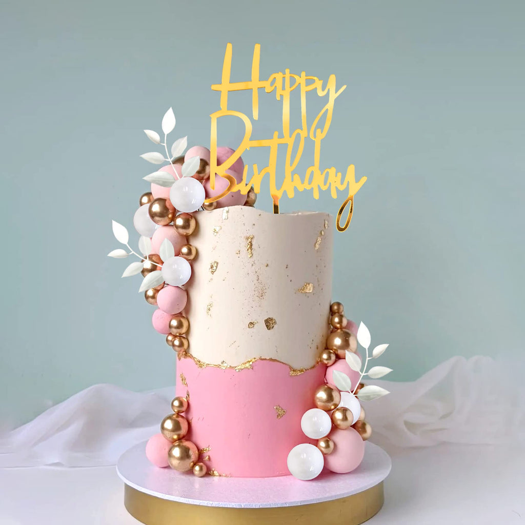 DRWATE Pink Balls Cake Topper – Boho Grass Topper with Pink White Gold Balls for Weddings & Birthdays