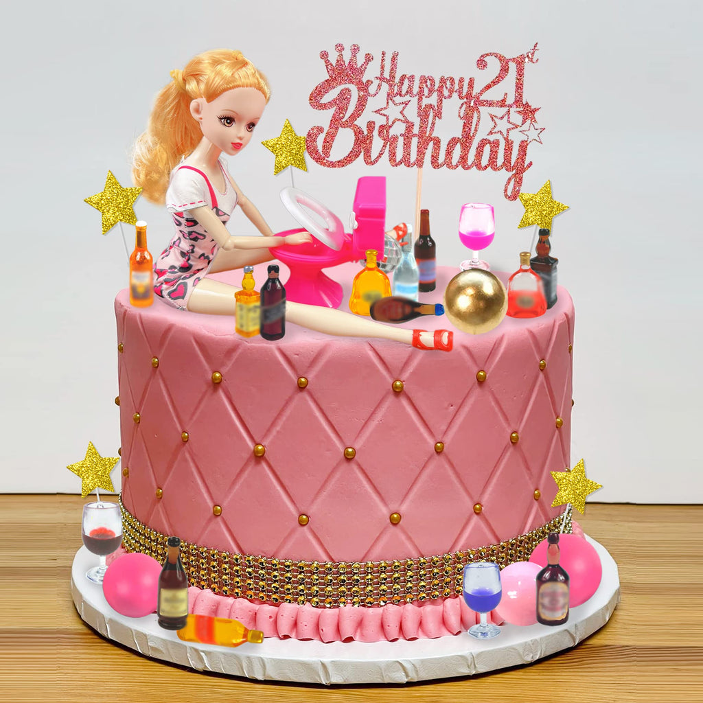 DRWATE 36 PCS Mini Wine Bottles Cake Toppers Set – 12 Mini Bottles, 5 Glasses, 21st Birthday Topper (Pink)