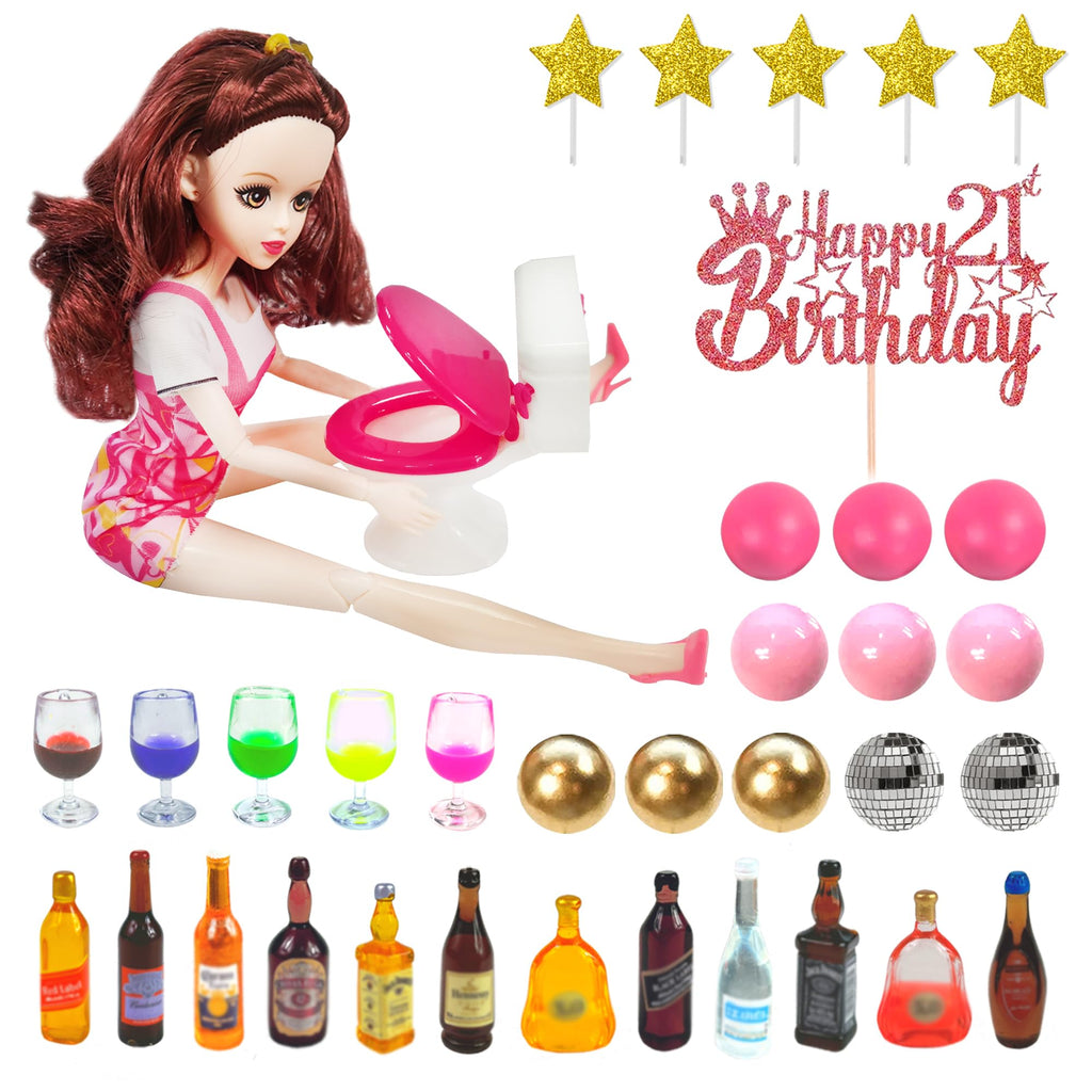 DRWATE Mini Wine Bottles Cake Toppers – 12 Bottles, 5 Glasses, 21st Birthday Topper (Brown)