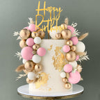 DRWATE Pink Balls Cake Topper – Boho Grass Topper with Pink White Gold Balls for Weddings & Birthdays