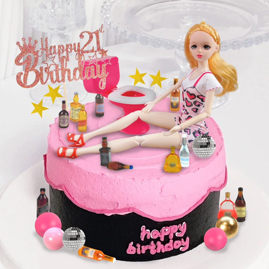 DRWATE 36 PCS Mini Wine Bottles Cake Toppers Set – 12 Mini Bottles, 5 Glasses, 21st Birthday Topper (Pink)
