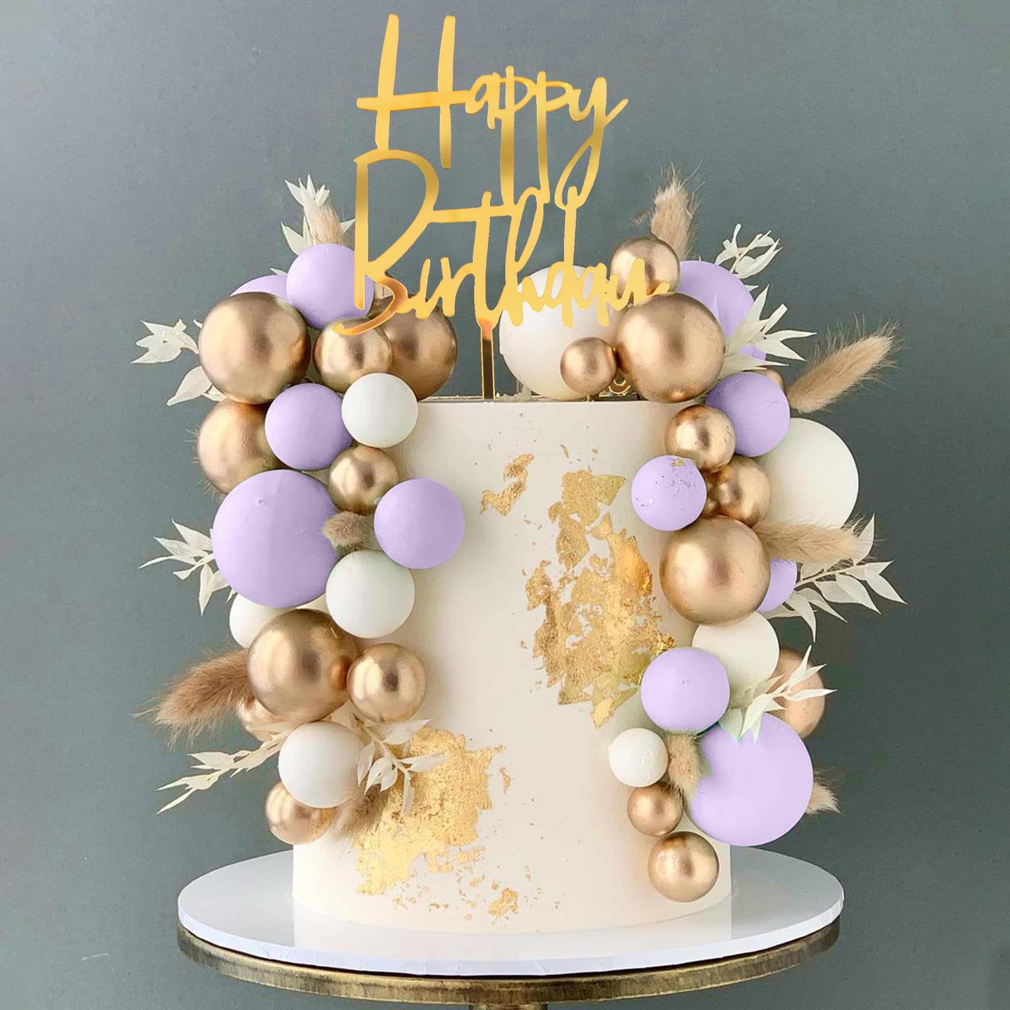 DRWATE Purple Balls Boho Grass Cake Topper – Purple, White & Gold Decor