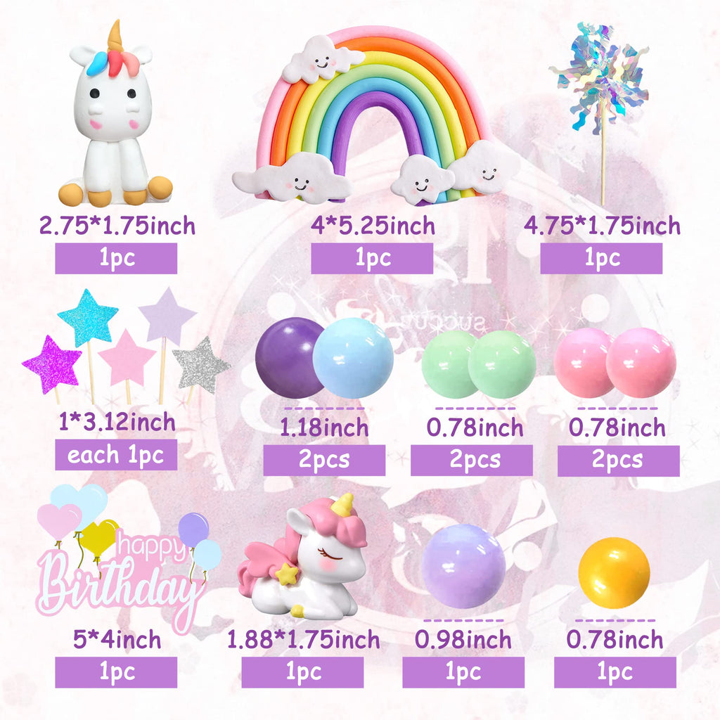 DRWATE 18-Piece Unicorn Cake Topper Set – Rainbow Decorations with Rainbow Stars & Foil Firework Balls (Style 1)