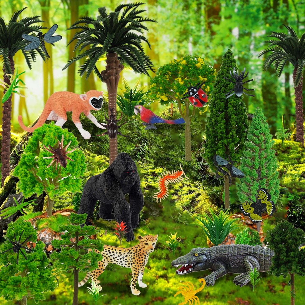 DRWATE 45 PCS Rainforest Animals, Insects & Trees Mini Figures for Cake Toppers & Party Decor