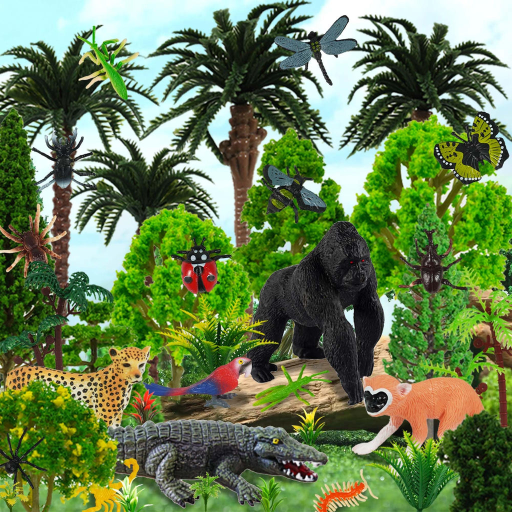 DRWATE 45 PCS Rainforest Animals, Insects & Trees Mini Figures for Cake Toppers & Party Decor