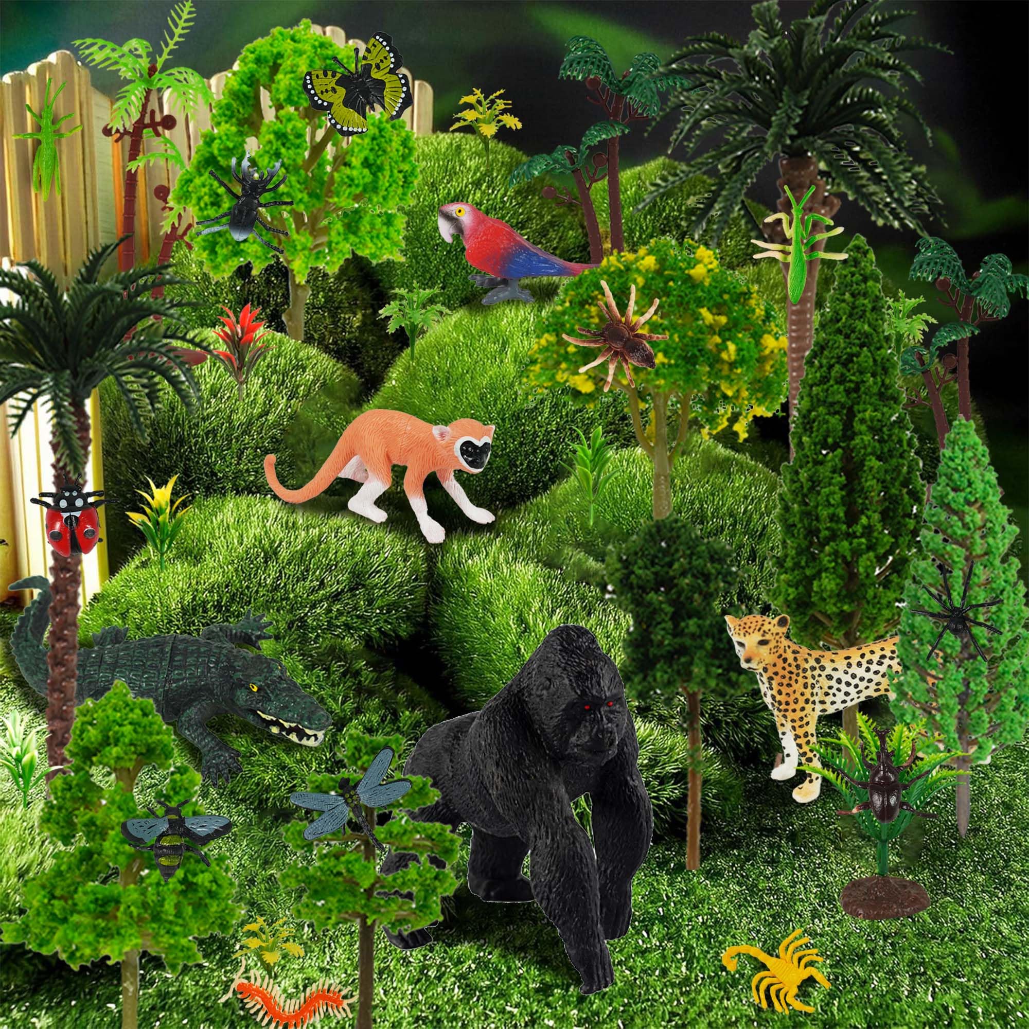 DRWATE 45 PCS Rainforest Animals, Insects & Trees Mini Figures for Cake Toppers & Party Decor