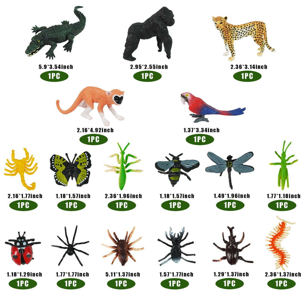 DRWATE 45 PCS Rainforest Animals, Insects & Trees Mini Figures for Cake Toppers & Party Decor