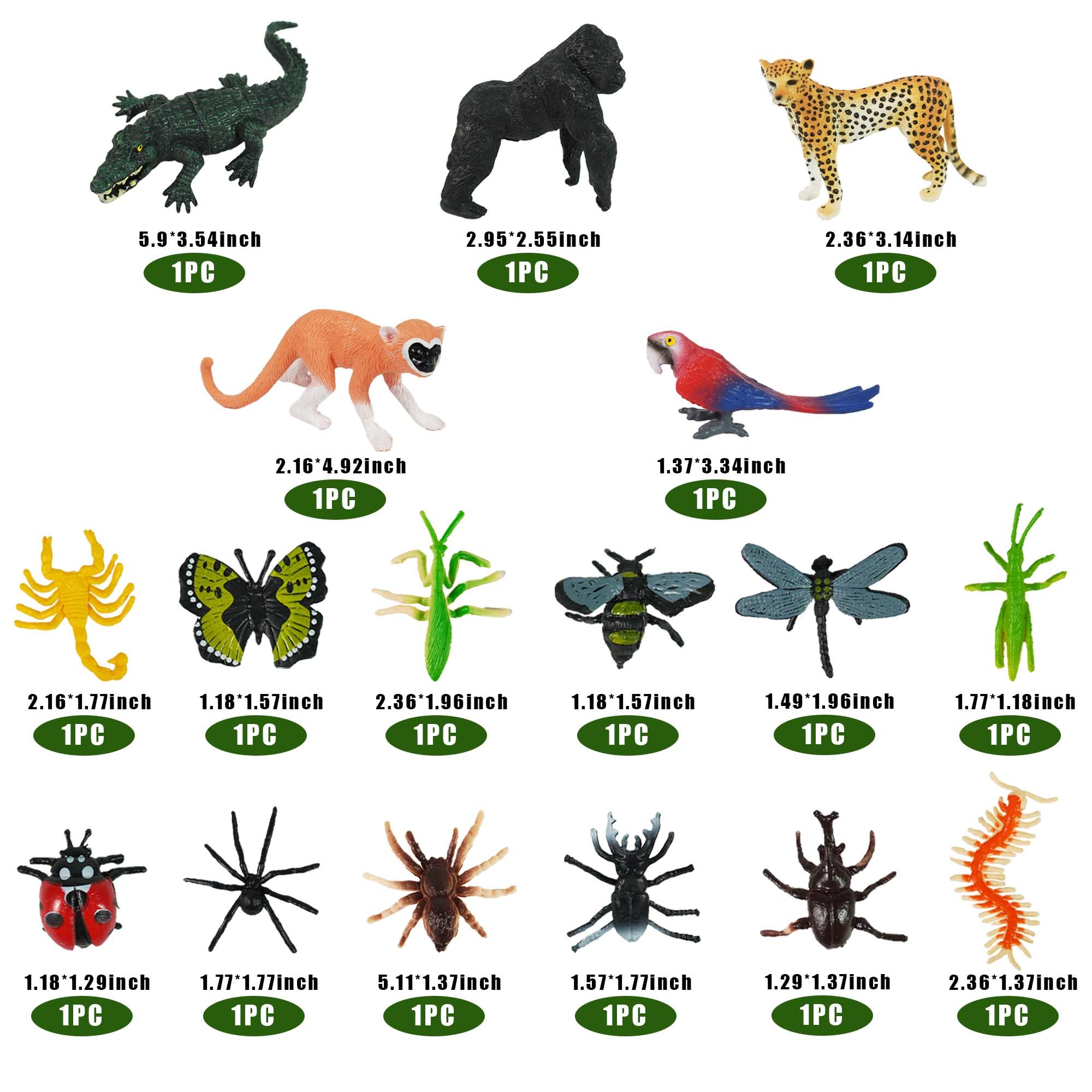 DRWATE 45 PCS Rainforest Animals, Insects & Trees Mini Figures for Cake Toppers & Party Decor