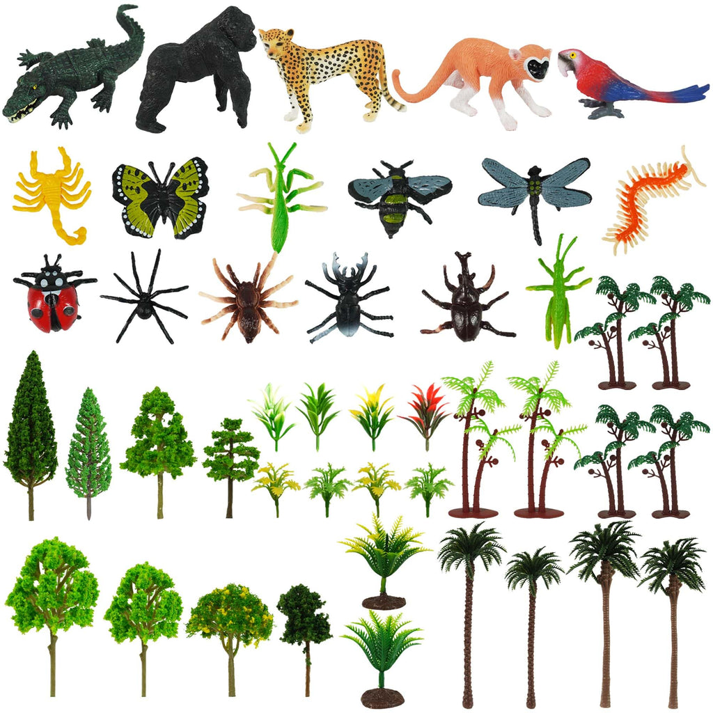DRWATE 45 PCS Rainforest Animals, Insects & Trees Mini Figures for Cake Toppers & Party Decor