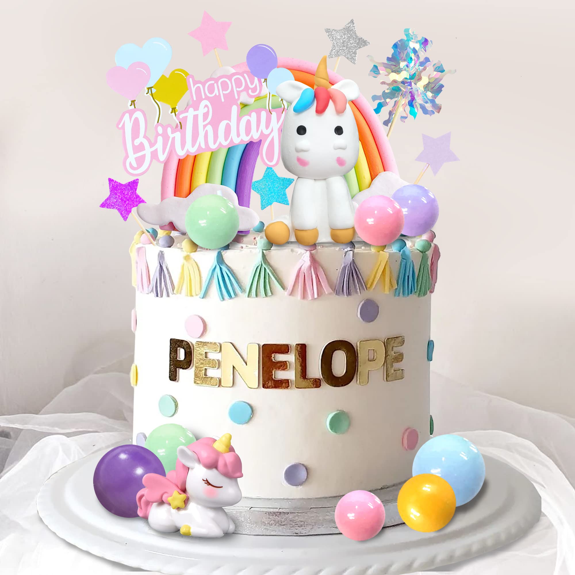 DRWATE 18-Piece Unicorn Cake Topper Set – Rainbow Decorations with Rainbow Stars & Foil Firework Balls (Style 1)