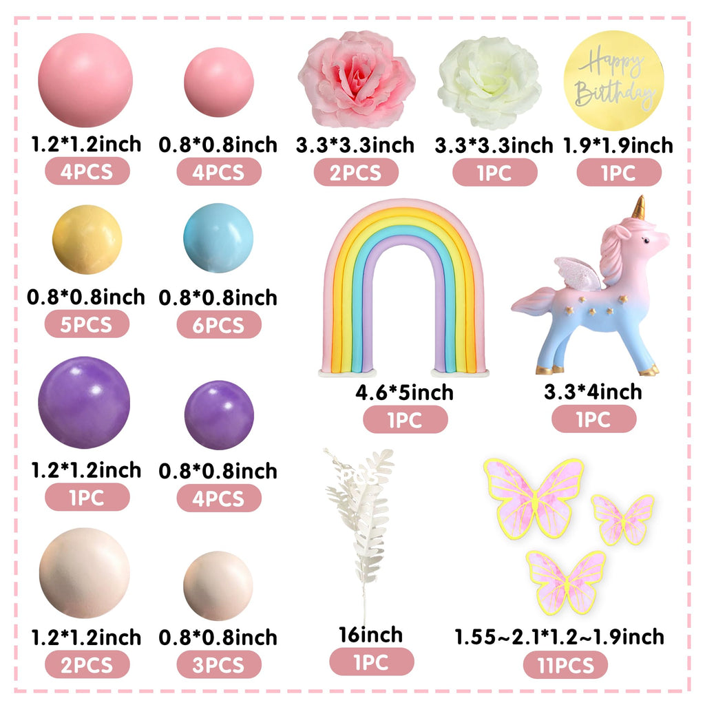 DRWATE 47 PCS Unicorn Cake Topper Set — Rainbow Butterflies & Flowers (Style 2)