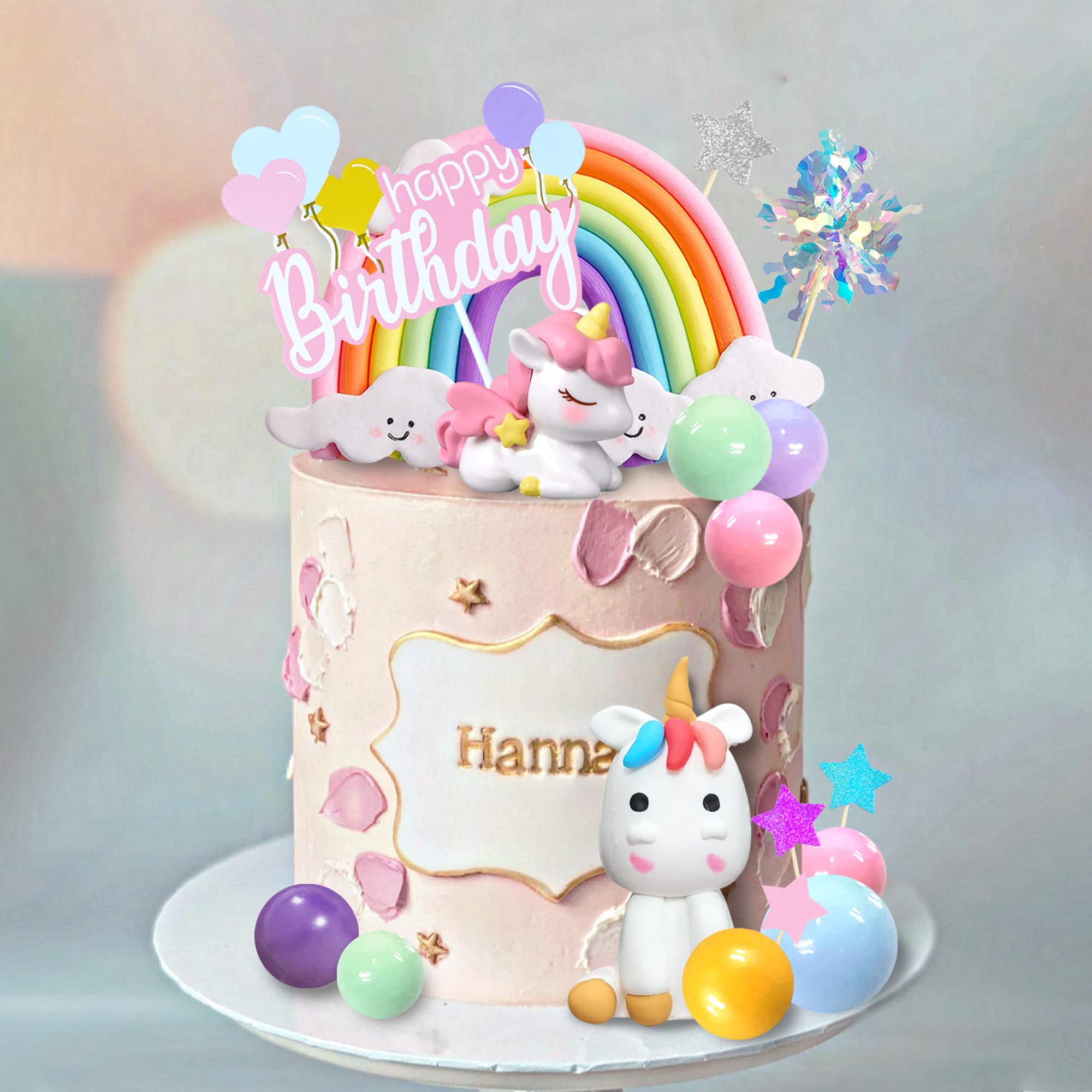 DRWATE 18-Piece Unicorn Cake Topper Set – Rainbow Decorations with Rainbow Stars & Foil Firework Balls (Style 1)