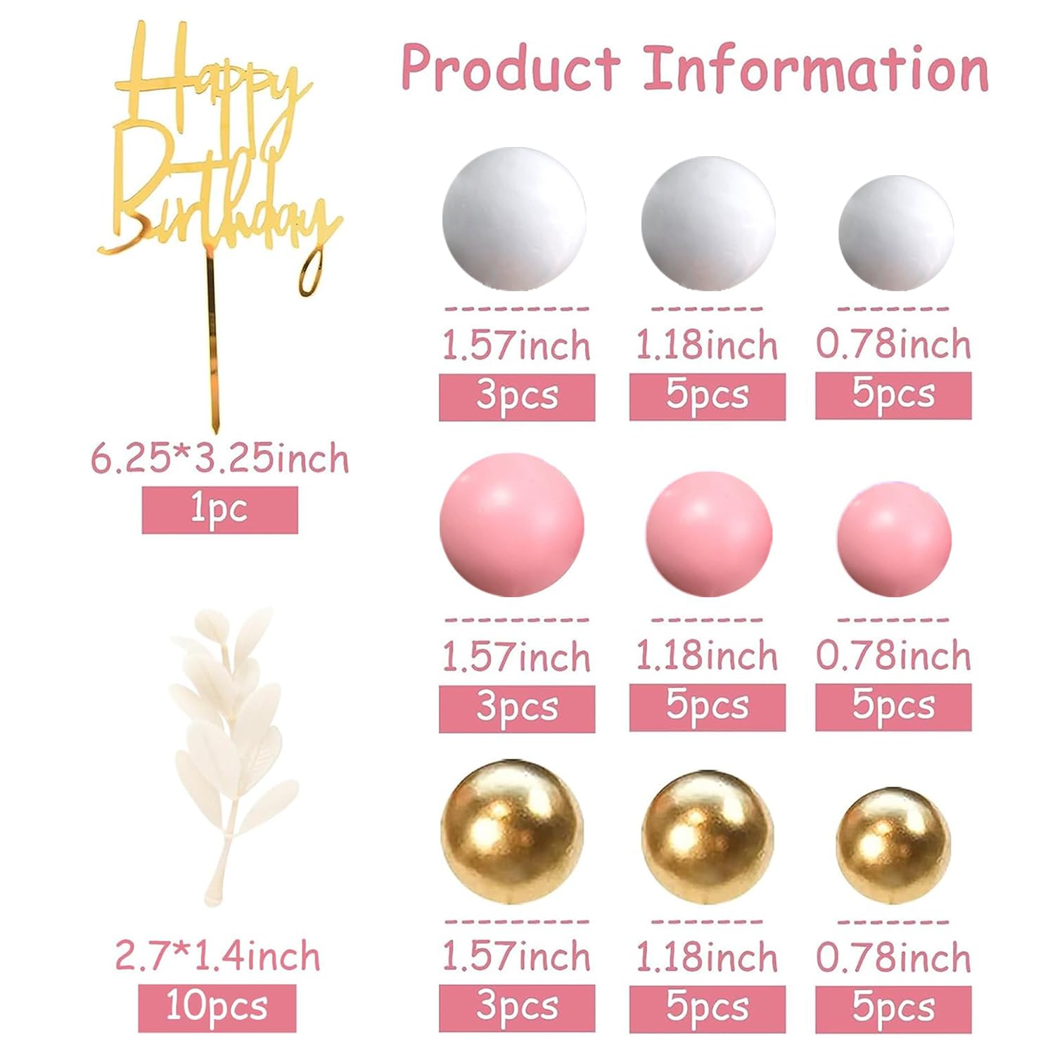 DRWATE Pink Balls Cake Topper – Boho Grass Topper with Pink White Gold Balls for Weddings & Birthdays