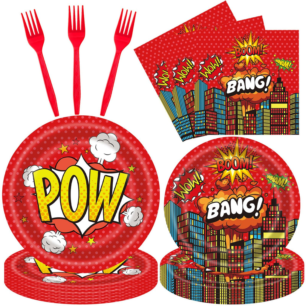 DTDO 96-Piece Super Theme Hero Plates Set | Disposable Birthday Dinnerware for Kids (Serves 24)