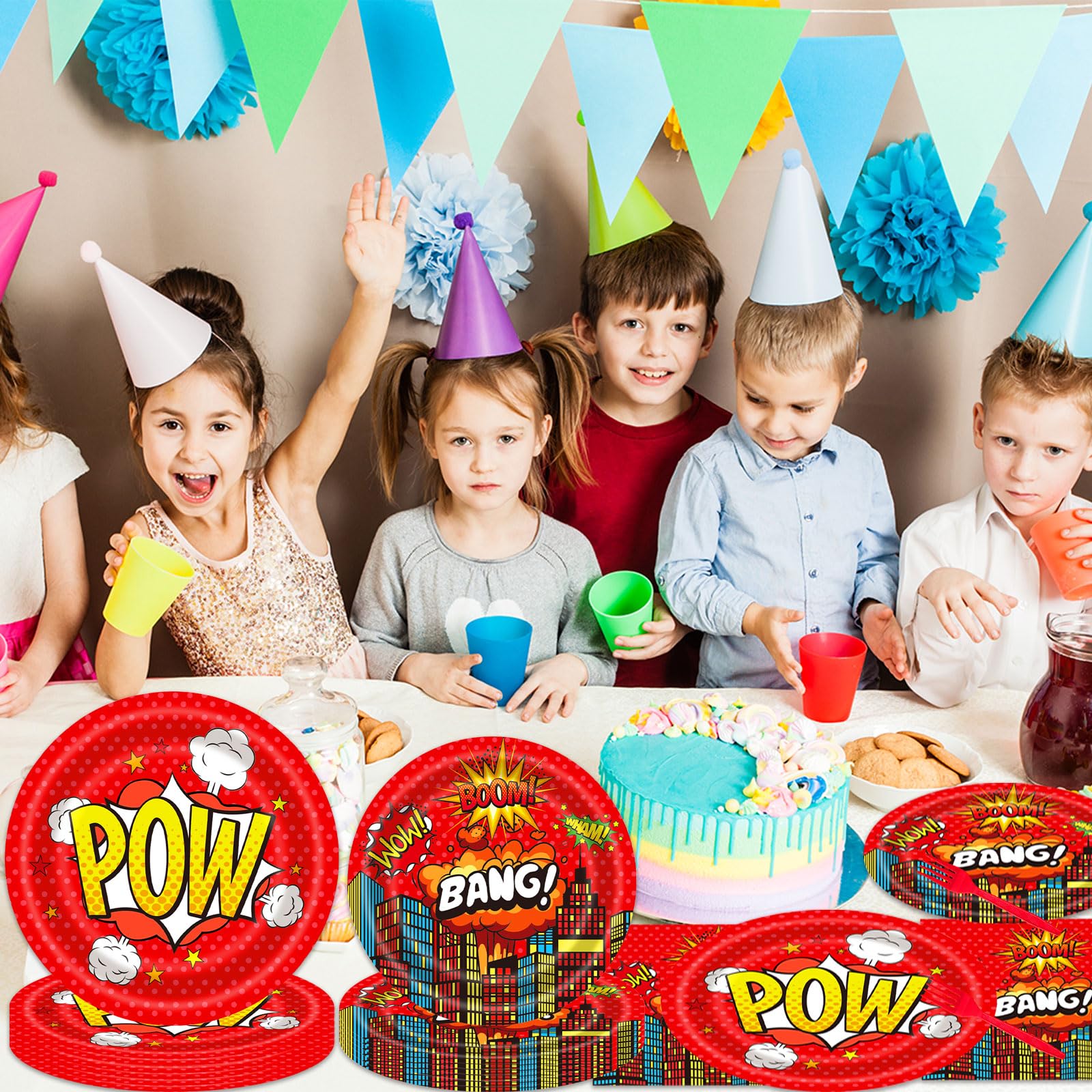 DTDO 96-Piece Super Theme Hero Plates Set | Disposable Birthday Dinnerware for Kids (Serves 24)