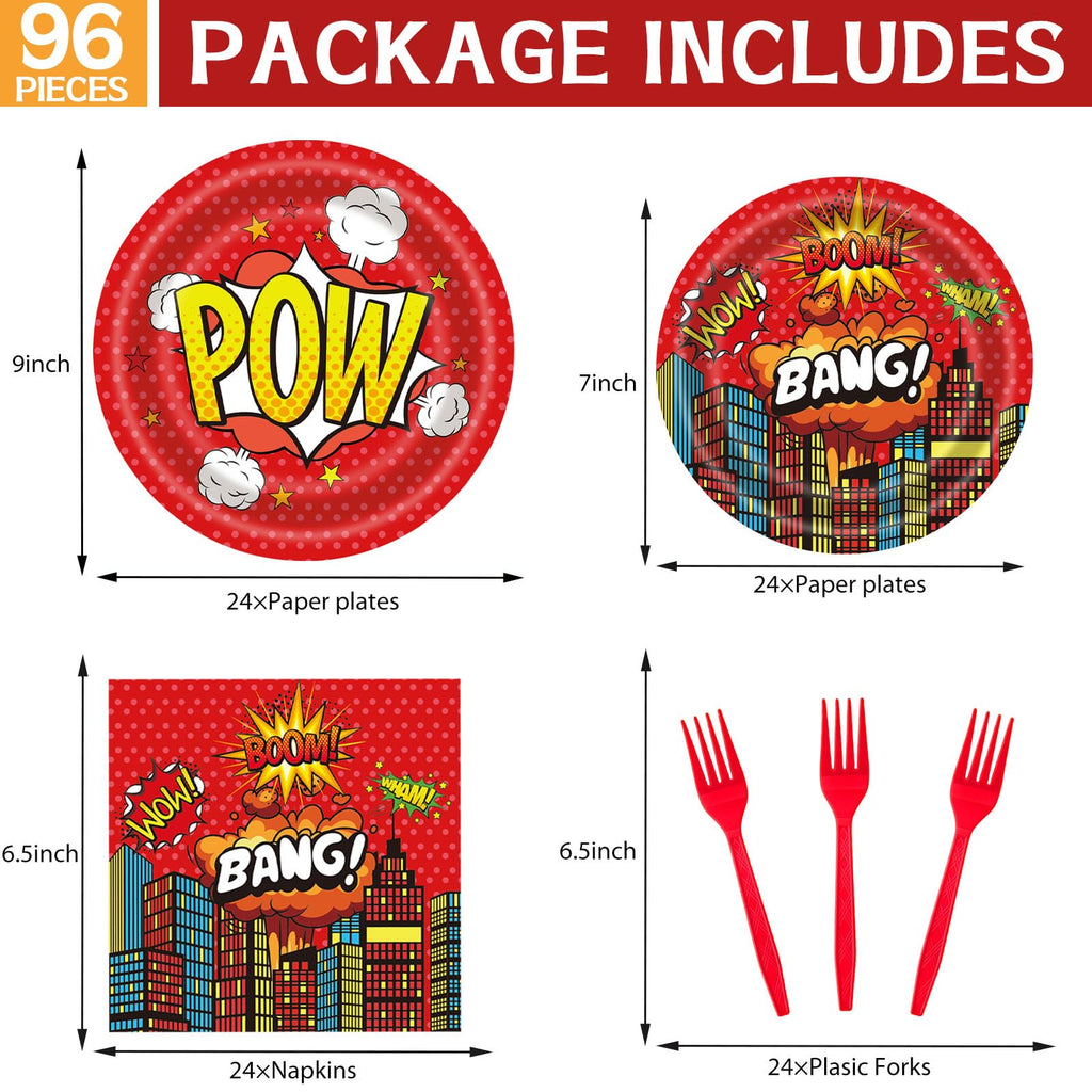 DTDO 96-Piece Super Theme Hero Plates Set | Disposable Birthday Dinnerware for Kids (Serves 24)
