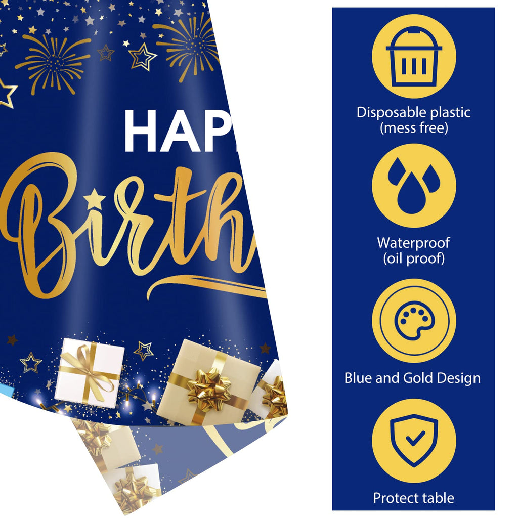 DUAIAI Happy Birthday Tablecloths – 3-Pack Navy Blue & Gold, 54 x 108 Inches, Disposable
