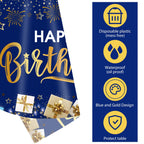 DUAIAI Happy Birthday Tablecloths – 3-Pack Navy Blue & Gold, 54 x 108 Inches, Disposable