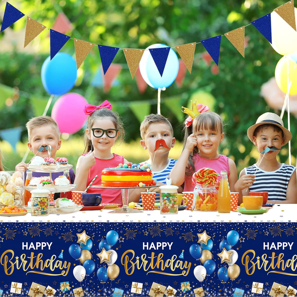 DUAIAI Happy Birthday Tablecloths – 3-Pack Navy Blue & Gold, 54 x 108 Inches, Disposable
