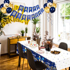 DUAIAI Happy Birthday Tablecloths – 3-Pack Navy Blue & Gold, 54 x 108 Inches, Disposable