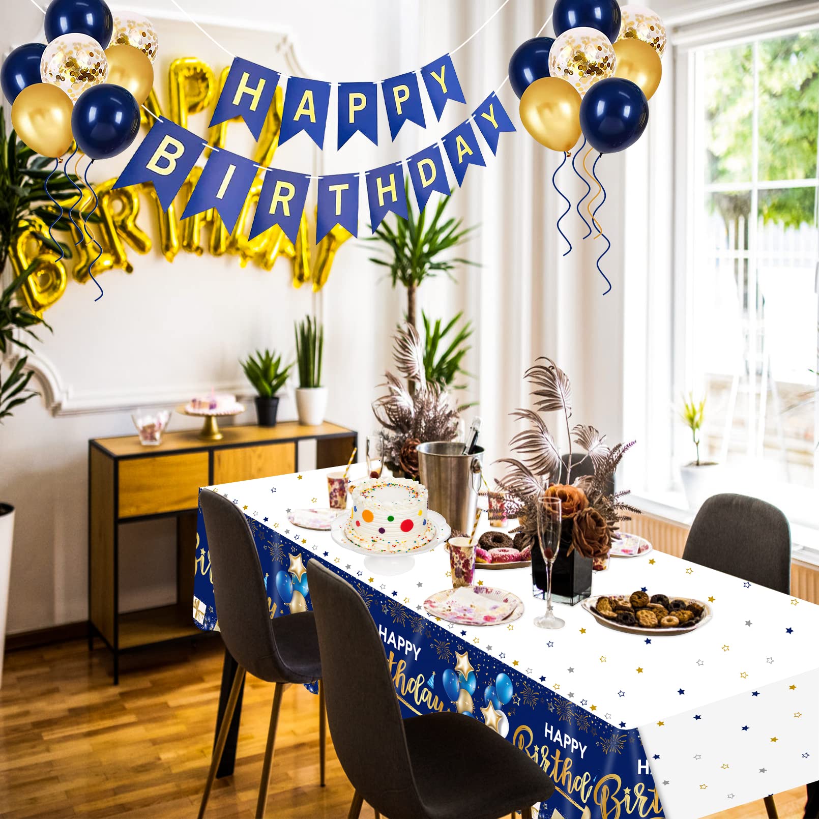DUAIAI Happy Birthday Tablecloths – 3-Pack Navy Blue & Gold, 54 x 108 Inches, Disposable