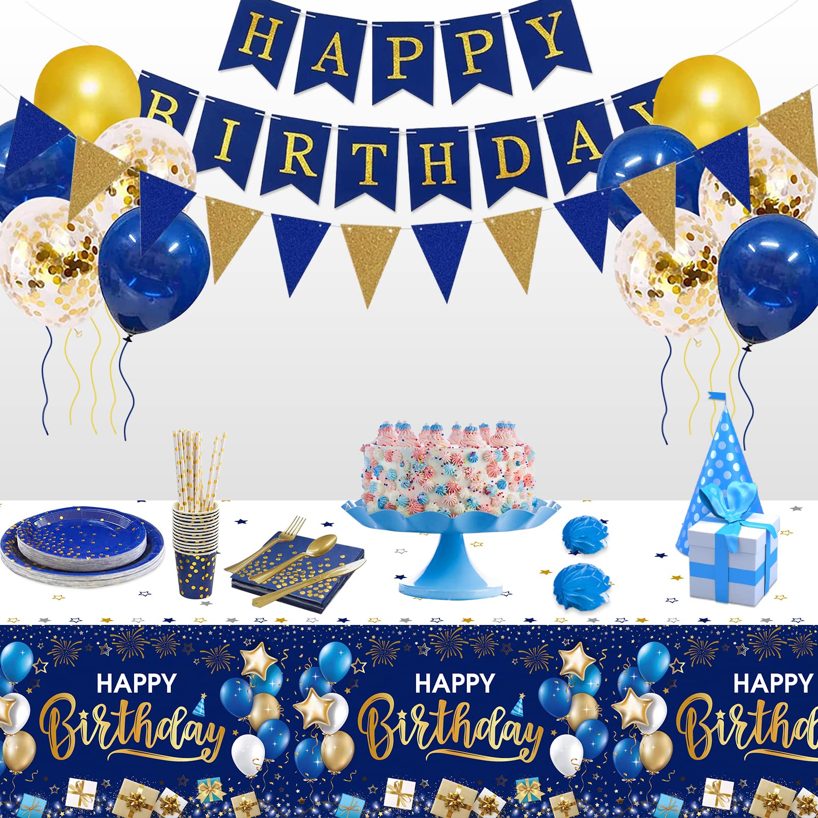 DUAIAI Happy Birthday Tablecloths – 3-Pack Navy Blue & Gold, 54 x 108 Inches, Disposable