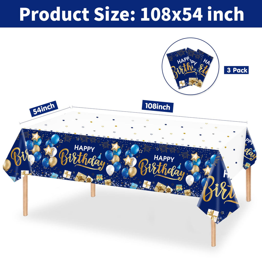 DUAIAI Happy Birthday Tablecloths – 3-Pack Navy Blue & Gold, 54 x 108 Inches, Disposable