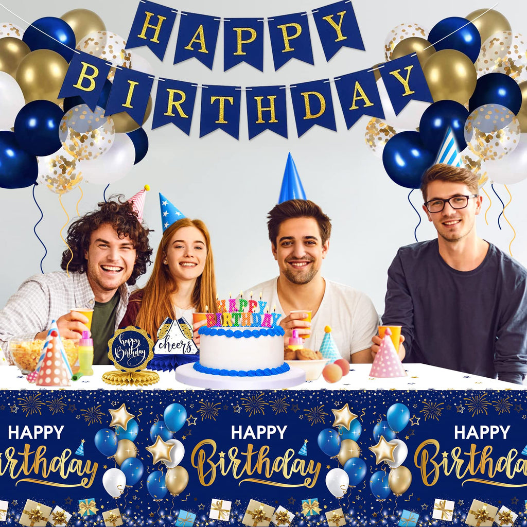 DUAIAI Happy Birthday Tablecloths – 3-Pack Navy Blue & Gold, 54 x 108 Inches, Disposable
