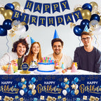 DUAIAI Happy Birthday Tablecloths – 3-Pack Navy Blue & Gold, 54 x 108 Inches, Disposable
