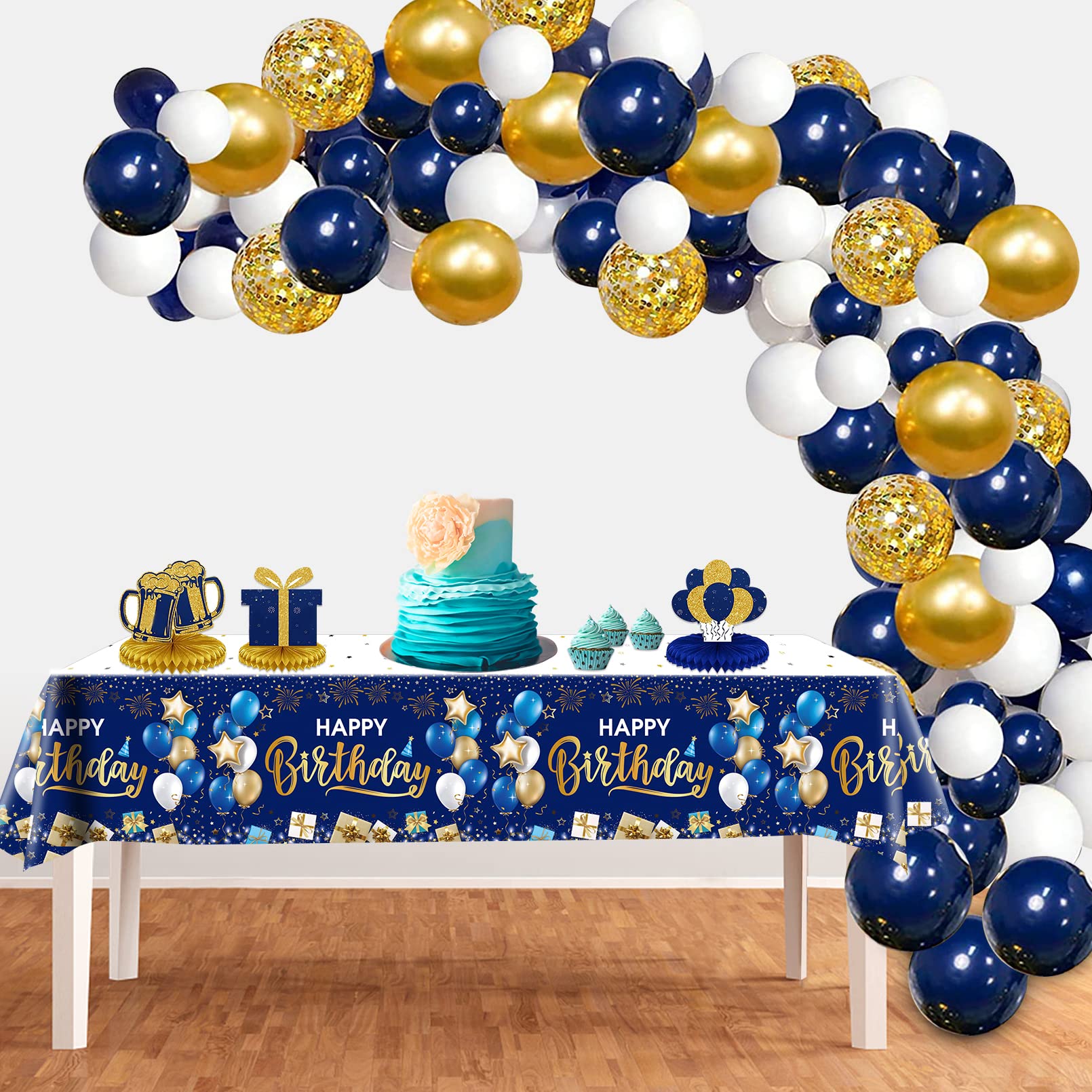 DUAIAI Happy Birthday Tablecloths – 3-Pack Navy Blue & Gold, 54 x 108 Inches, Disposable