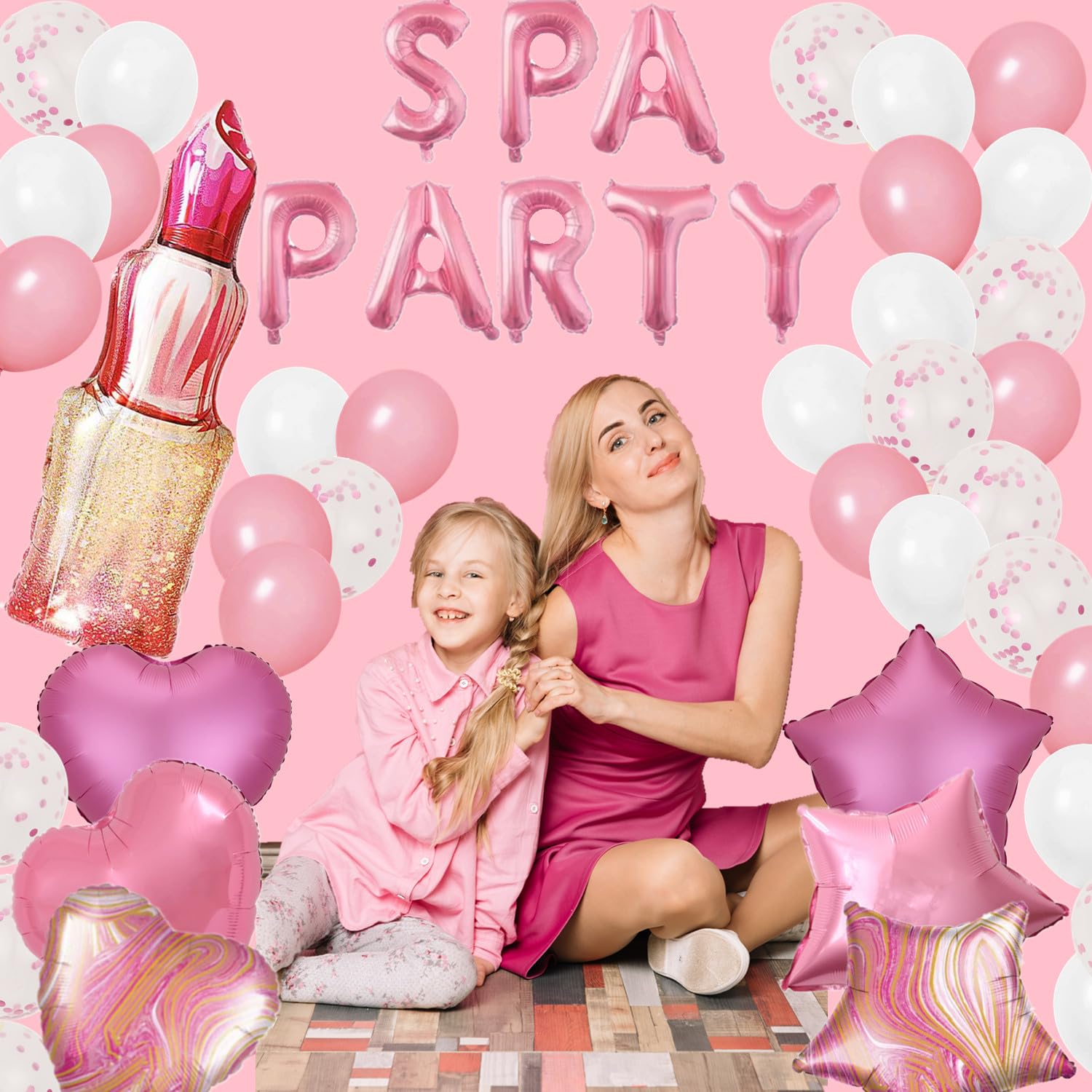DUFACAI Spa Party Decorations - 46 Pcs Balloons, Fringe Curtain, Lipstick Balloon, Pink Spa Party Supplies