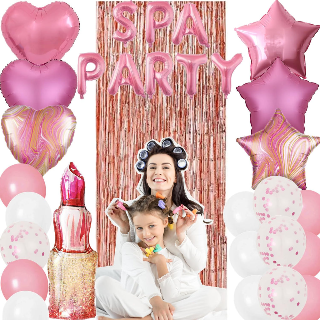 DUFACAI Spa Party Decorations - 46 Pcs Balloons, Fringe Curtain, Lipstick Balloon, Pink Spa Party Supplies