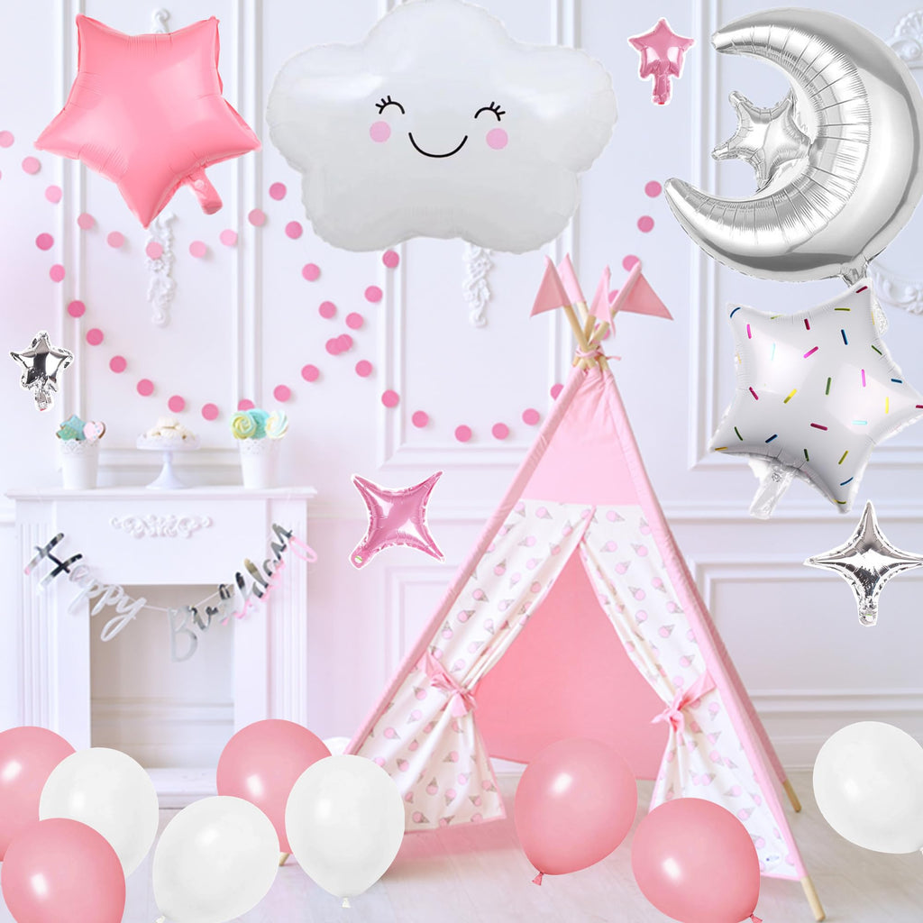 DUFACAI 47-Piece Sleepover Party Banner Kit – Pink Balloons, Moon & Star Decor