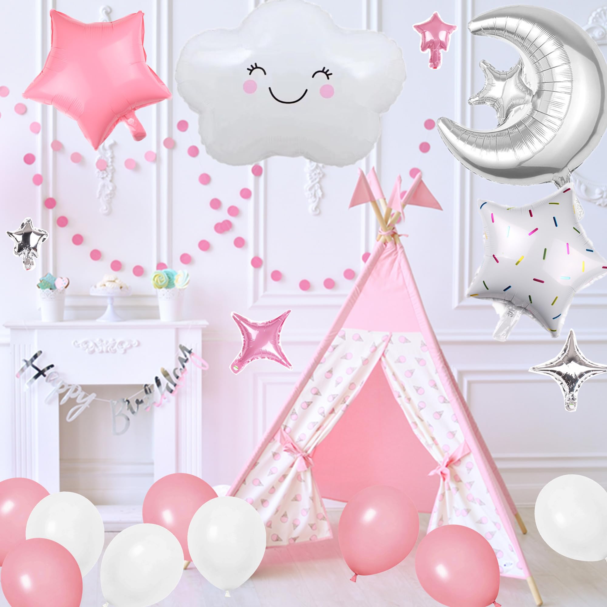 DUFACAI 47-Piece Sleepover Party Banner Kit – Pink Balloons, Moon & Star Decor