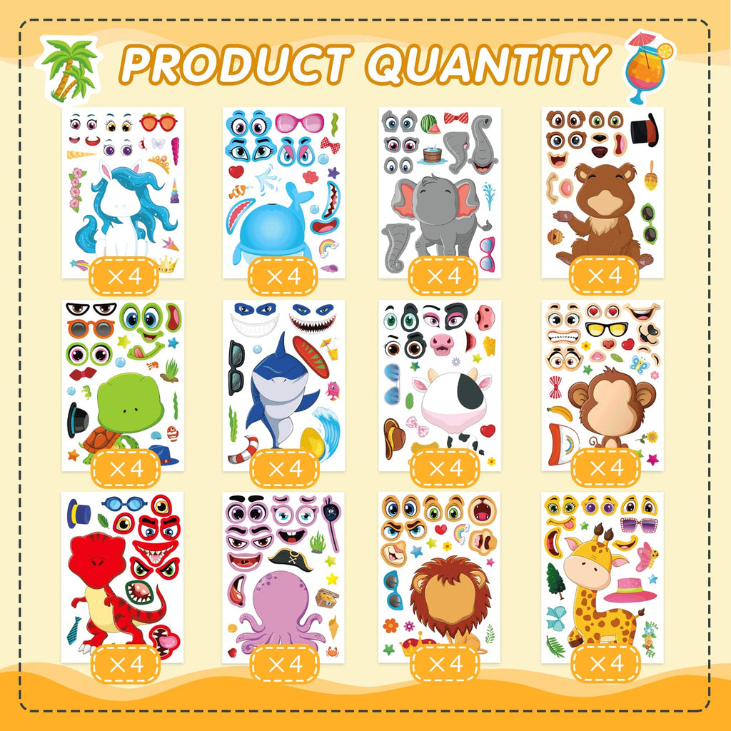 DUJAA 48 Sheets Make-a-Face Stickers for Kids – Mix & Match Animal Theme Party Favors