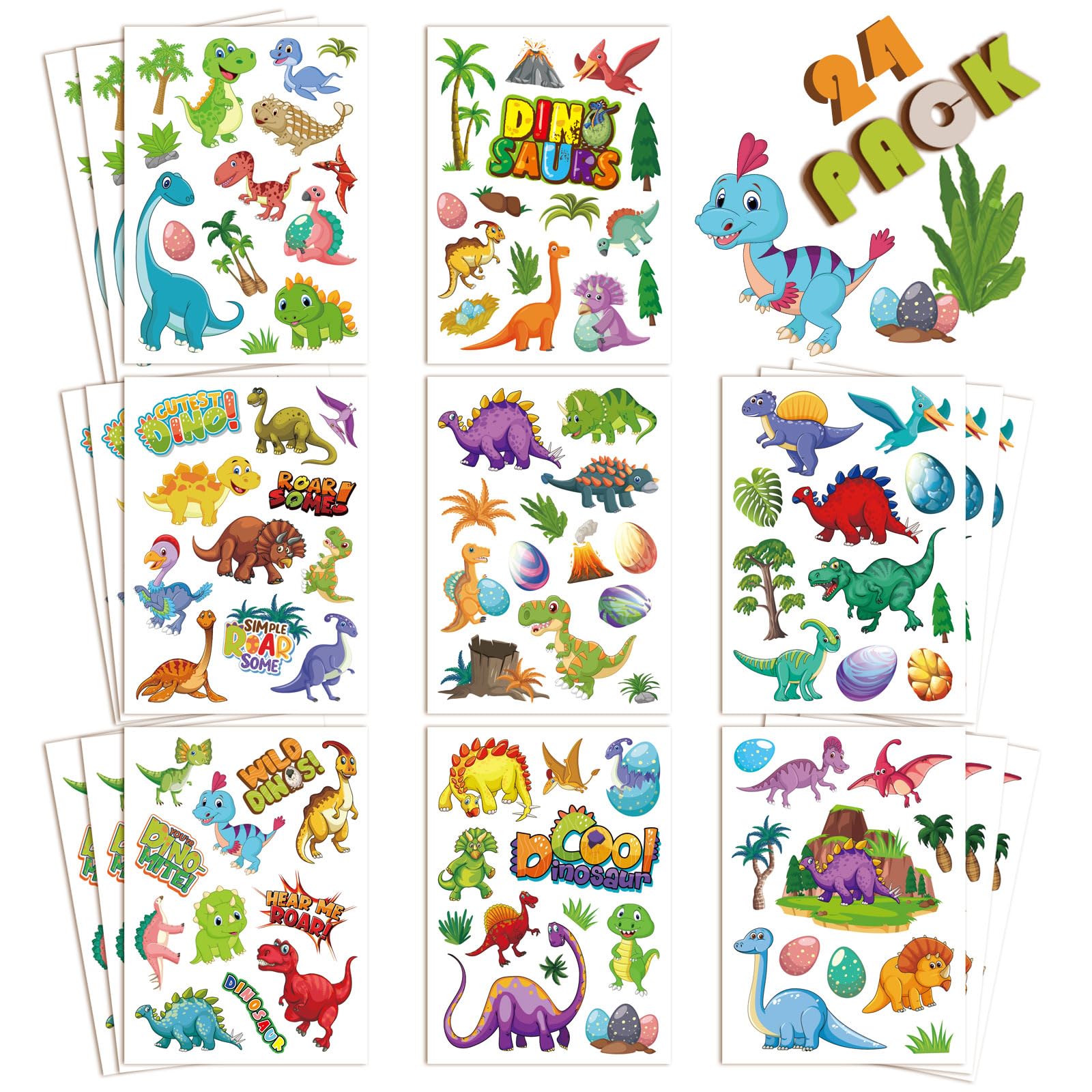 DUJAA 24 Sheets Dinosaur Stickers – Kids Party Favors & Classroom Rewards