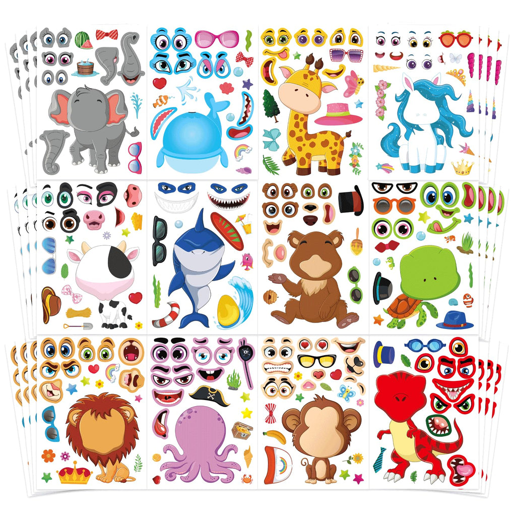 DUJAA 48 Sheets Make-a-Face Stickers for Kids – Mix & Match Animal Theme Party Favors