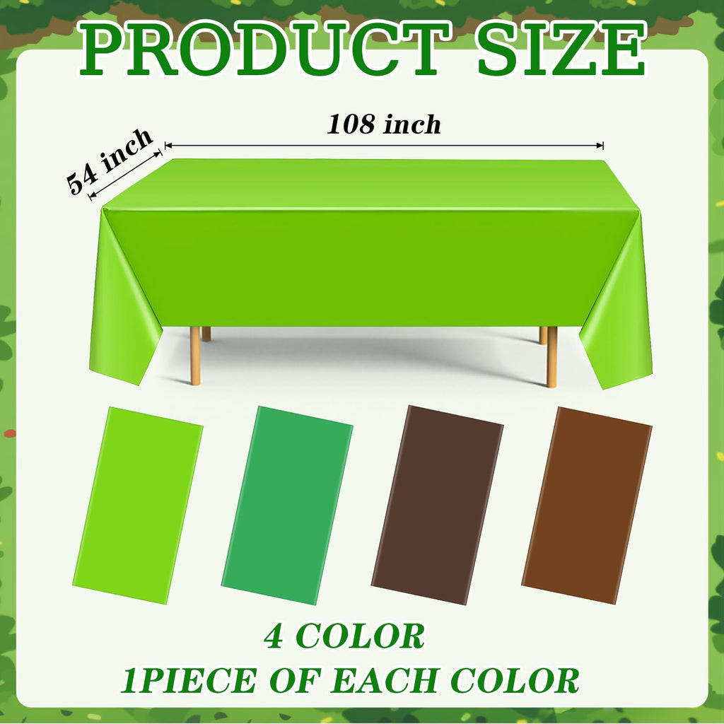 Dunzoom 4 Pack Green & Brown Pixel Gaming Tablecloths – 54 x 108 in Disposable Plastic Table Cover