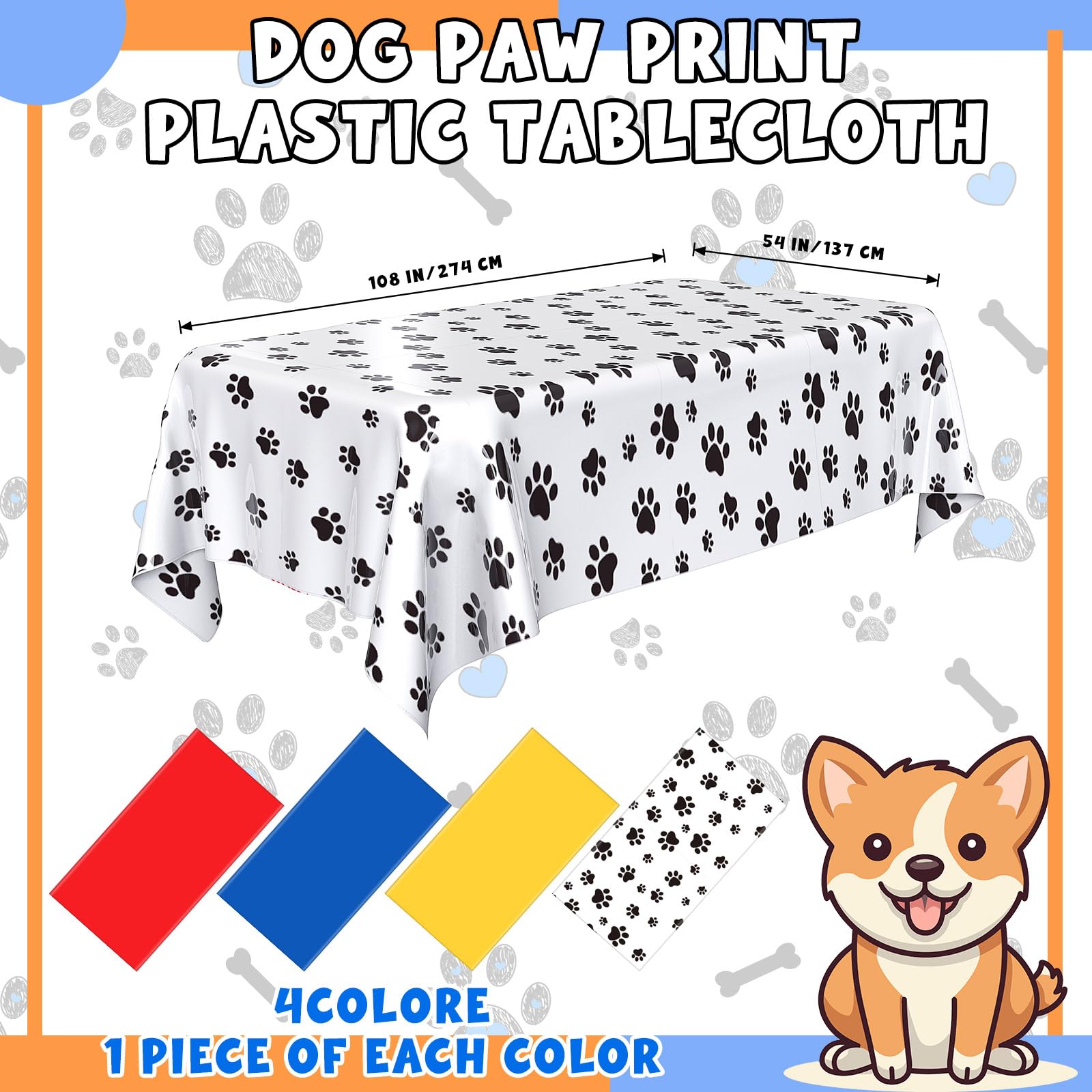 Dunzoom 4 Pack Puppy Paw Print Tablecloth – 54 x 108 in Disposable Plastic Table Cover (Blue Red Yellow)