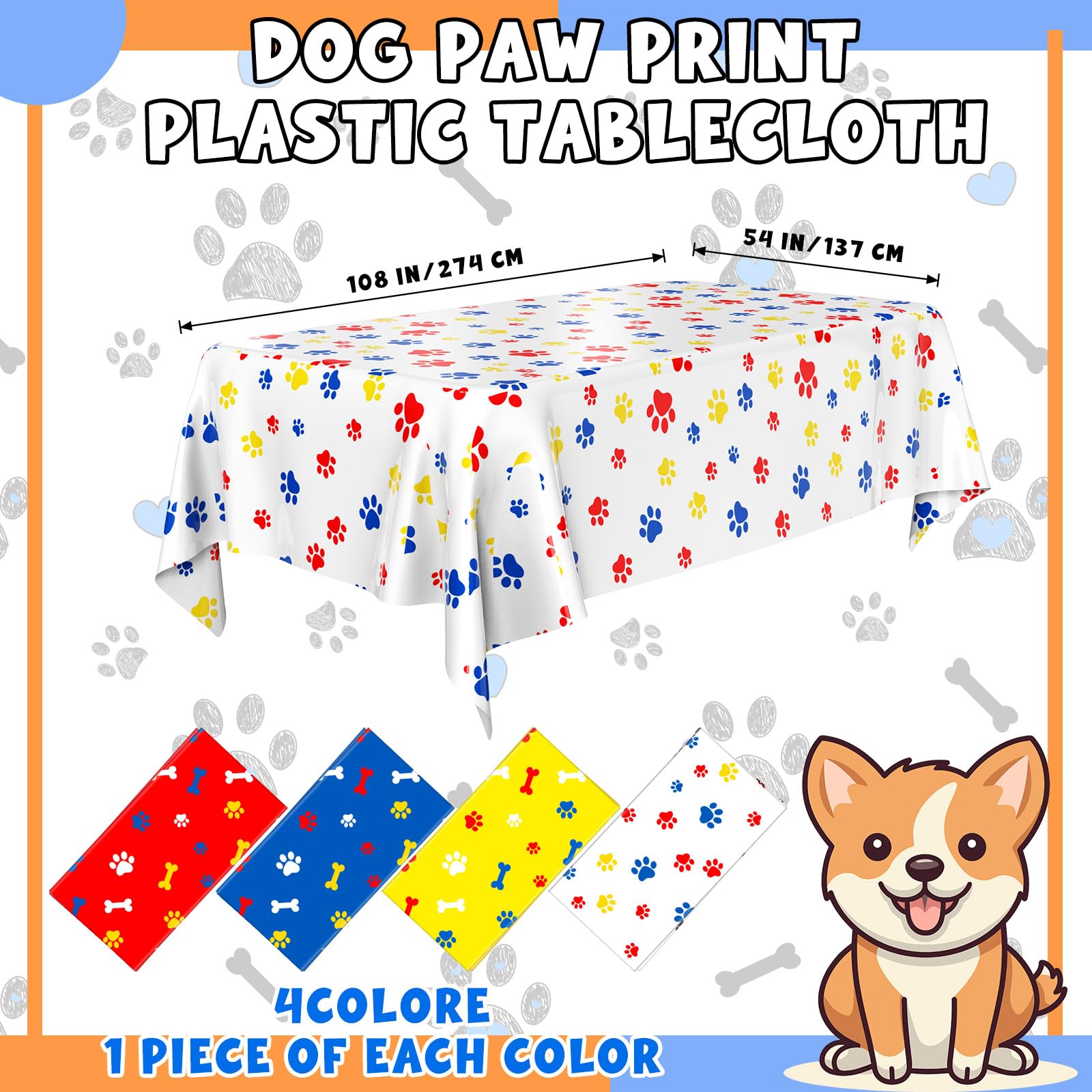 Dunzoom 4 Pack Puppy Paw Print Tablecloths – 54 x 108 in Disposable PE Pet Table Cover