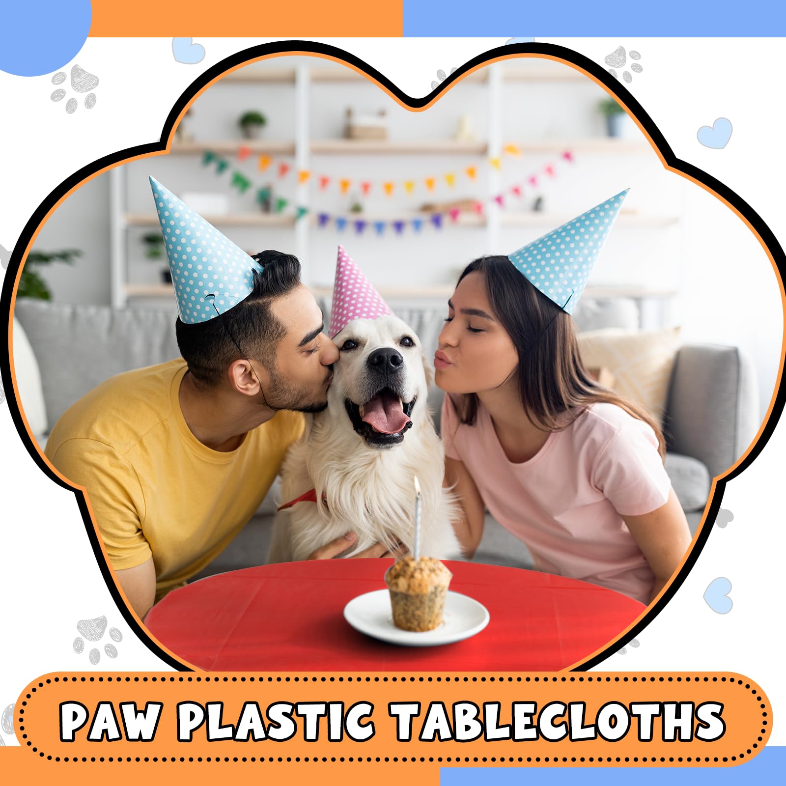 Dunzoom 4 Pack Puppy Paw Print Tablecloth – 54 x 108 in Disposable Plastic Table Cover (Blue Red Yellow)
